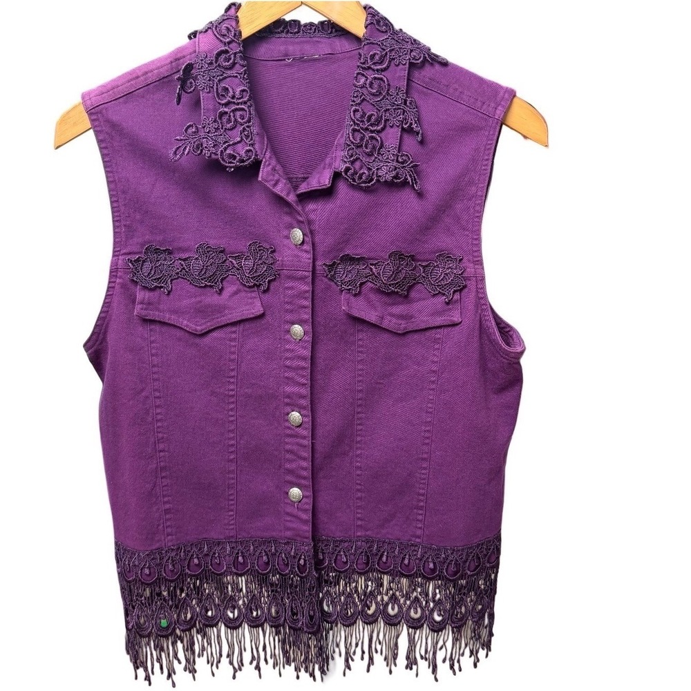 Vintage 90s Boho Medium Lace Cotton Denim Vest Purple Fringe Festival Fairy Goth
